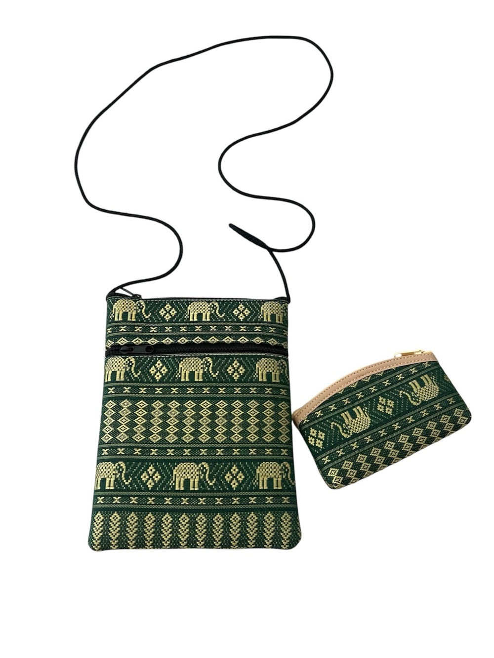 Green Elephant Pattern Crossbody Bag with Coin Pouch
